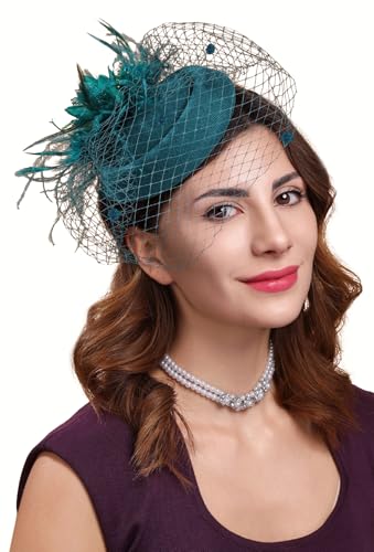 Fascinators Hats for Women Pillbox Hat 20s 30s 50s Vintage Feather Headwear Bowler Flower Veil Wedding Tea Party Hat - color: X-green