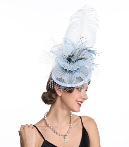 SAFERIN Fascinator for Women Hair Clip Hat Bowler Feather Flower Veil Wedding Party Hat Tea Hat - color: Sz7-light Blue