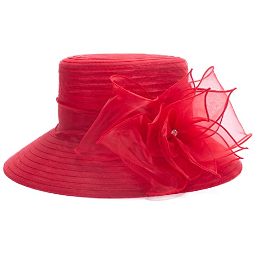 Womens Wedding Occasion Floral Wide Brim Church Dressy Sun Hat A323 - color: Red