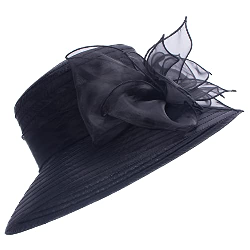 Womens Wedding Occasion Floral Wide Brim Church Dressy Sun Hat A323 - color: Black