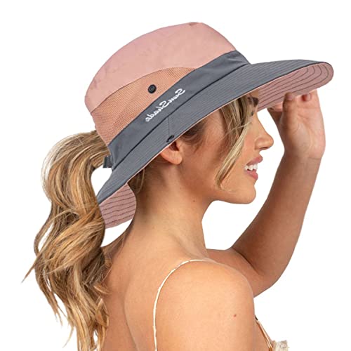 Sun Hat for Women Summer UV Protection Beach Hat with Ponytail Hole - color: Pink(with Ponytail Hole)
