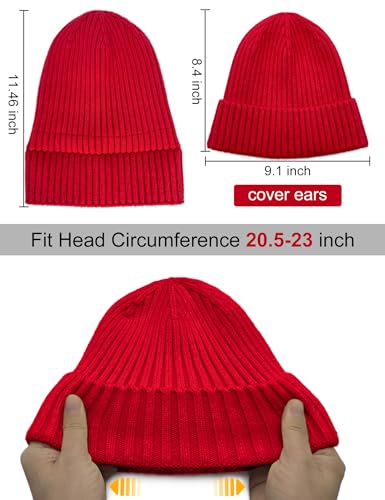 Satin Lined Wool Acrylic Blend Beanie Hat Women Men, Winter Knit Cap - color: Red