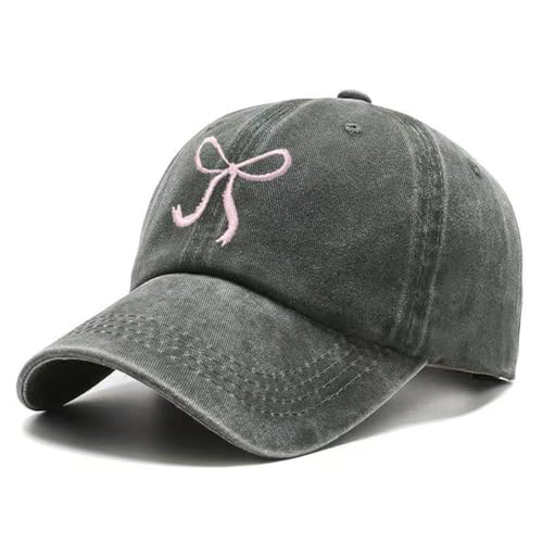 Bow-Tie Baseball Cap for Women Vintage Washed Cotton Adjustable Distressed Embroidered Dad Hat - color: Army Green