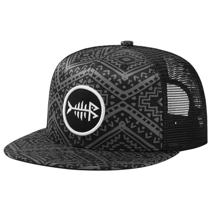 BASSDASH Flat Brim Trucker Cap Adjustable Snapback Hat Mesh Back for Men Women - color: Black Geometry