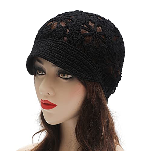 ZLYC Women Summer Slouchy Crochet Hat Handmade Cutout Skull Cap with Visor - color: Plain Black, size: One Size
