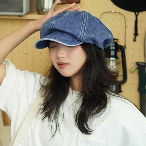 Women's Washed Denim Newsboy Cap Fashion Vintage 8 Panels Visor Beret Girls Octagonal Cap Painter Hat