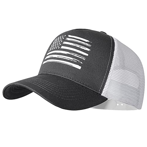 Baseball Cap, American Flag Trucker Hat for Men Women, Breathable Adjustable Fit Outdoor Mesh Snapback Hats - color: Dark Gray/White Flag