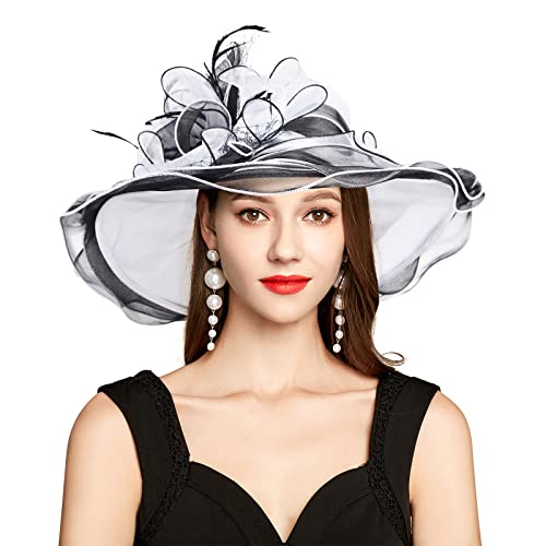 2026 Kentucky Derby Hat for Women Ladies, Organza Veil Feather Fascinator for Tea Party Church UV Protection Sun Hat - color: L-s10-4171-wtbk