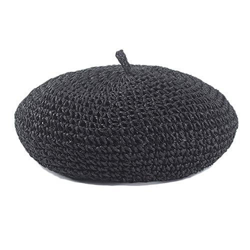 Straw Beret Summer French Beret Hats for Women Artist Crochet Beret - color: Black