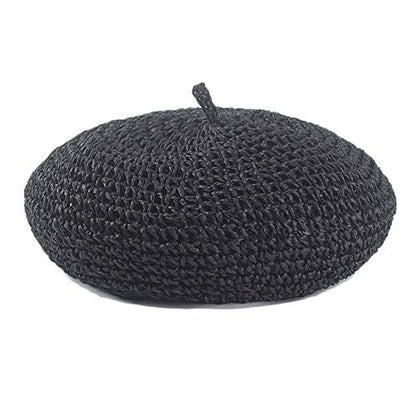 Straw Beret Summer French Beret Hats for Women Artist Crochet Beret - color: Black