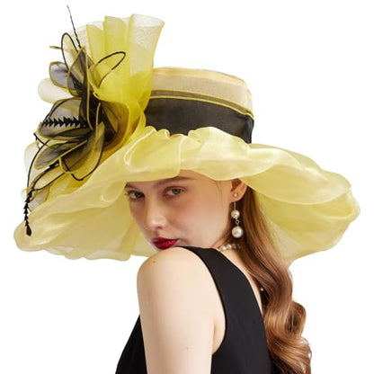 Women Organza Church Derby Hat Wide Brim Sun Caps for Wedding Tea Party Hat with Detachable hat Flower as Headgear - color: 10-yellow