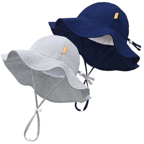 Baby Sun Hat Toddler Boy Girl Adjustable Outdoor Beach Hat Kids Wide Brim - color: Gray & Navy -2pcs, size: 6-24 Months