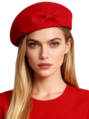 Wedding Hats for Women Vintage Wool Felt Berets Ladies Pearl Fascinator Autumn Winter Cap Bow Church Fedoras - color: Red 3