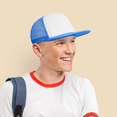 DALIX Flat Billed Trucker Hat Mesh Back S M L Adjustable Cap Solid Two Toned Snapback - color: Neon-blue-white, size: One Size
