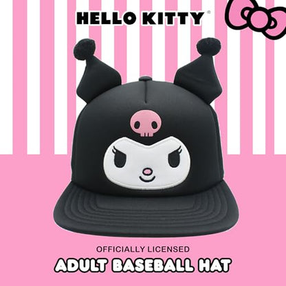 Hello Kitty Baseball Cap, Women's Snapback Hat with Flat Brim and 3D Ribbon and Ears - style: Kuromi