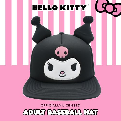 Hello Kitty Baseball Cap, Women's Snapback Hat with Flat Brim and 3D Ribbon and Ears - style: Kuromi