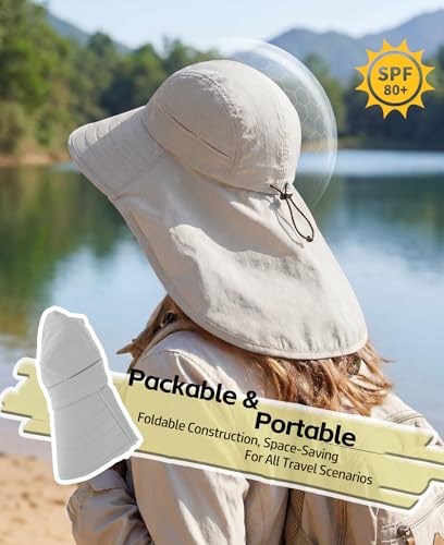 Home Prefer UPF 80+ Sun Hat for Men Women Wide Brim Sun Hat with Neck Flap Summer Beach UV Protection Gardening Fishing Hat - color: Light Grey