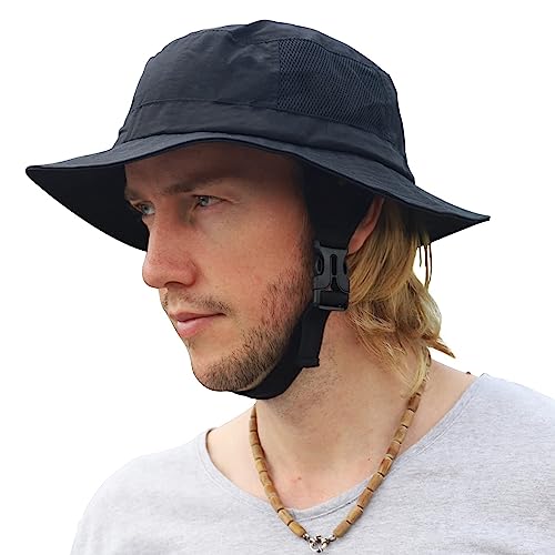 Men Bucket Hat Wide Brimmed Foldable Ladies Surf Sun Hat UPF50+ - color: Black
