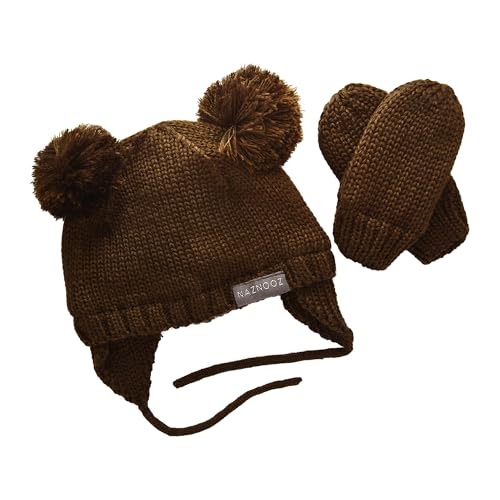 Knitted Colorful Double Pom-Pom Baby Hat and Mittens Set|Warm Winter Newborn Essentials for Boys and Girls 0-6 Months - color: Brown