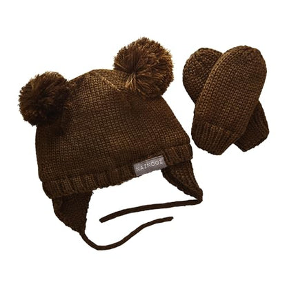 Knitted Colorful Double Pom-Pom Baby Hat and Mittens Set|Warm Winter Newborn Essentials for Boys and Girls 0-6 Months - color: Brown
