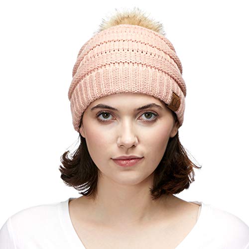 C.C Fur Pom Winter Fall Trendy Chunky Stretchy Cable Knit Beanie Hat - color: Solid Indi Pink