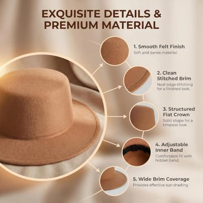Black Flat Top Fedora Hat, Wool Blend Derby Cap Classic Formal Hat for Events & Daily Wear - color: Khaki