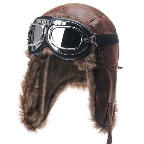 Harssidanzar Leather Outdoor Cycling Windproof Harley Goggles, Warm Pilot's hat,DU303 - color: Brown