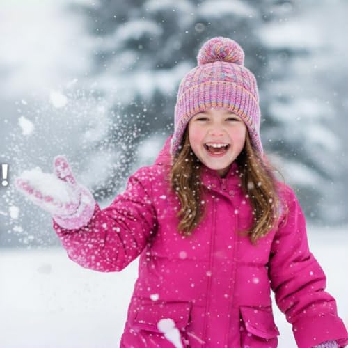 FENELY Girls Boys Winter Hat 3-12, Children's Warm Knitted Earflaps Beanie with Pom Pom Thicken Fleece Lining Cap for Kids - color: Rainbow Mix