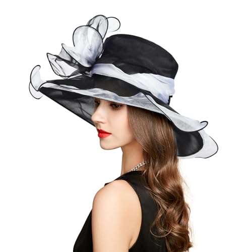 2026 Derby Hats for Women Ladies, Classy Organza Sun Hat, Church Tea Party Wedding Kentucky Fascinator Hat - color: A2967-black