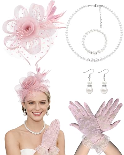 Fascinator Tea Party Hat Set for Women Elegant Vintage Accessories for High Tea Wedding Bridal Shower - color: Blush Pink