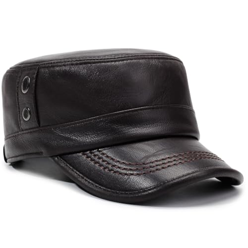 Men's Genuine Leather Cadet Army Caps Military Style Hat Flat Top Cap - color: Brown