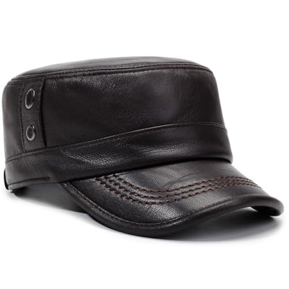 Men's Genuine Leather Cadet Army Caps Military Style Hat Flat Top Cap - color: Brown