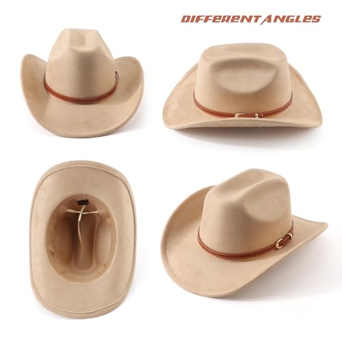 DRESHOW Cowboy Hat for Women and Men Wide Brim Western Cowboy Cowgirl Hat with Belt Buckle Unisex Rolled up Caps - color: Camel
