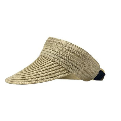 Women Foldable Straw Sun Visor, Packable Rollable Wide Brim Beach Hat, Adjustable Summer Visor for Travel Beach Golf - color: Beige