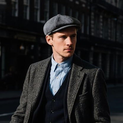 FEINION Men 8 Panel Herringbone Wool Newsboy Cap - color: Herringbone Grey, size: 7 1/2