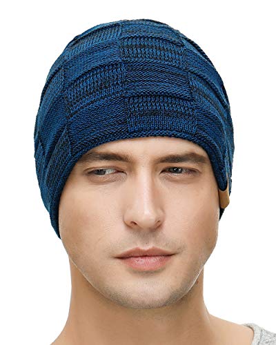Vgogfly Slouchy Beanie for Men Winter Hats for Guys Cool Beanies Mens Lined Knit Warm Thick Skully Stocking Binie Hat Pairs - color: Black / Blue