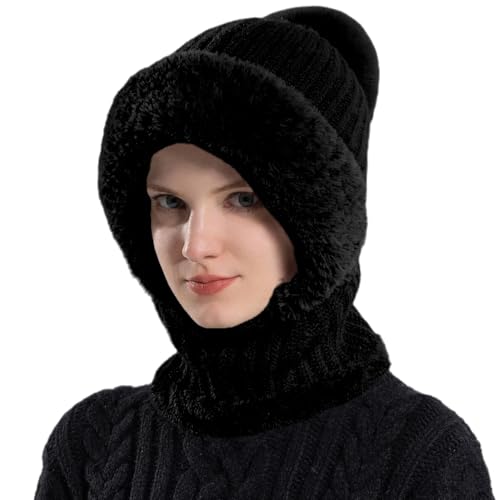 HUAMULAN Women Winter Knit Beanie Hats One Piece Fleece Lined Balaclavas - color: Black + Faux Fur