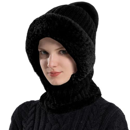 HUAMULAN Women Winter Knit Beanie Hats One Piece Fleece Lined Balaclavas - color: Black + Faux Fur