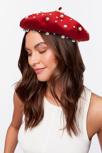 Women Wool Beret Hat, Classic French Artist Hat, Winter Warm Hat for Ladies - color: Red and Pearl
