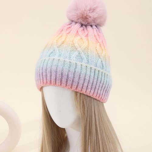 Unisex Colorful Ombre Beanie Winter Cuffed Cable Knitted Hat with Pompom - color: Black