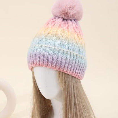 Unisex Colorful Ombre Beanie Winter Cuffed Cable Knitted Hat with Pompom - color: Black