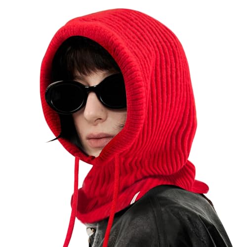 Stilldawn Hooded Scarf Beanie for Women&Men,Balaclava Winter Hat,Knit Skull Cap Neck Gaiter,Warm Premium Polyester Scarf Hat - color: Red