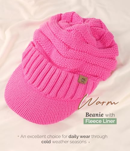 Women Men Winter Beanie Hat with Visor, Warm Fleece Lined Beanie Cap, Thick Knit Cap Slouchy Hat with Brim - color: Pink