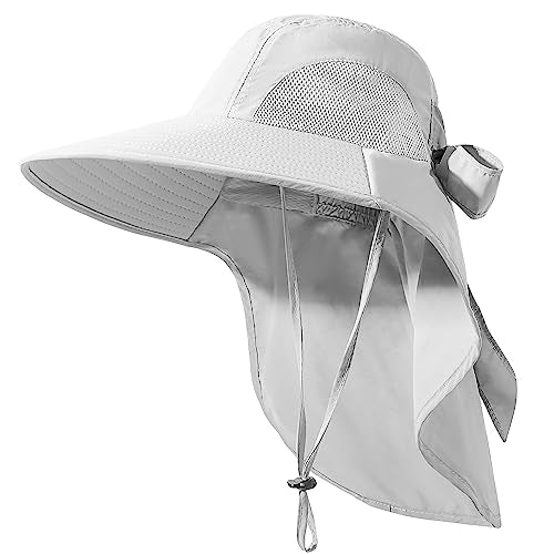 Womens Sun Hat UV Protection, Foldable Waterproof Wide Brim Bucket Hats with Neck Flap for Summer Beach Fishing Hiking - color: Light Grey