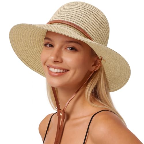 Beach Hat for Women, Wide Brim Sun Straw, UPF 50+ Foldable Floppy Sun Hat - color: B-10.5cm,beige