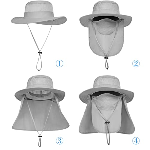 3 Pack Mens Outdoor Wide Brim Fishing Hat,UPF 50+ Sun Protection Cap with Face Neck Flap for Hiking & Garden - color: 3 Pack-light Grey