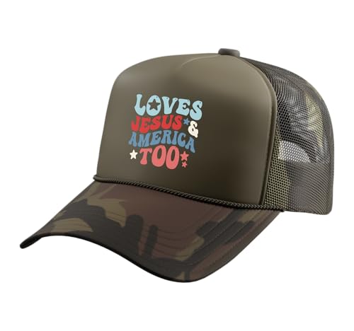 Loves Jesus and America Too 4th of July Groovy God Christian Trucker Hat with Adjustable Mesh Back - color: Camo Green