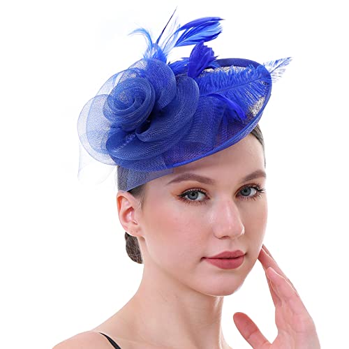 Fascinator Hat with Feather and Mesh – Floral Headpiece for Tea Party, Wedding, Cocktail Event - color: Royal Blue