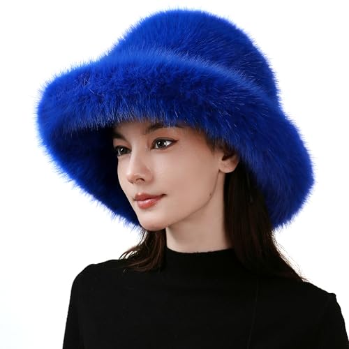 Dikoaina Faux Fur Bucket Hat for Women Girl – Oversized Brim, Super Soft & Fluffy Winter Hat - color: Royal Blue