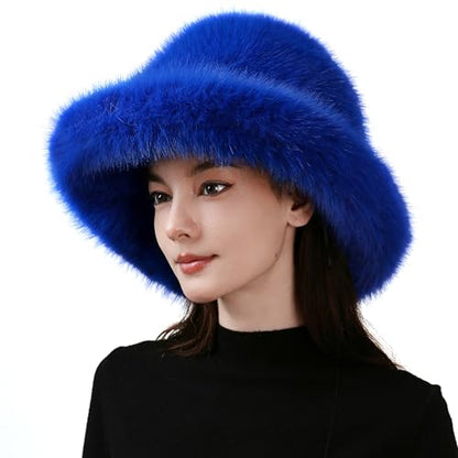 Dikoaina Faux Fur Bucket Hat for Women Girl – Oversized Brim, Super Soft & Fluffy Winter Hat - color: Royal Blue